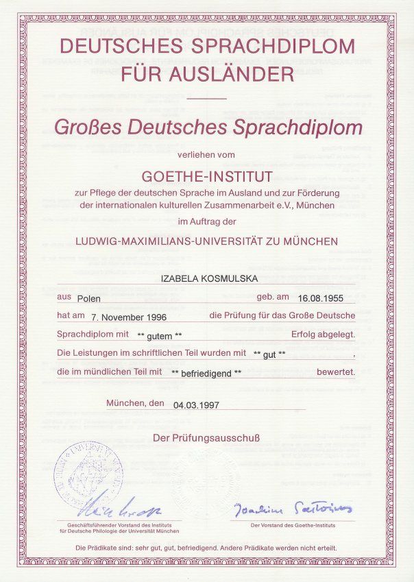 Großes Deutsches Sprachdiplom (GDS) - beeidigte Übersetzerin (Deutsch